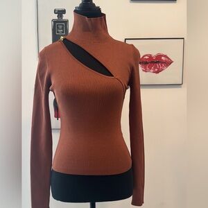 Chic Ribbed Cutout  Zara  Turtleneck Sweater Rust Brown. Sz : Small